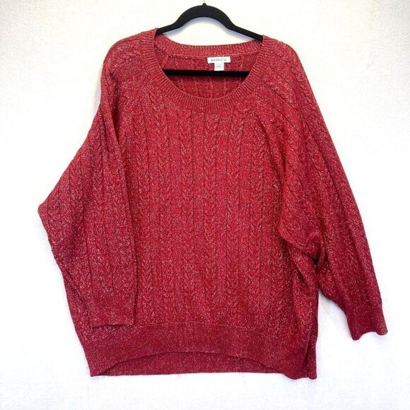 ATHLETA Shimmer Red Silver Cable Knit Sweater Womens 3X Crew Holiday Crossroads - Picture 1 of 13